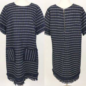 Halogen tweed shift dress blue black fringe xl New